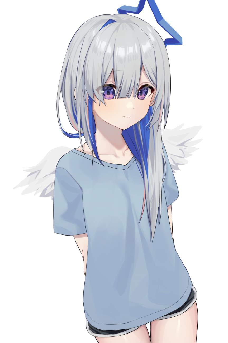 1girl amane_kanata arms_behind_back bangs black_shorts blue_hair blue_shirt commentary_request cowboy_shot eyebrows_visible_through_hair feathered_wings grey_hair hair_between_eyes halo highres hololive looking_at_viewer multicolored_hair shirt short_shorts shorts simple_background solo syhan thigh_gap two-tone_hair violet_eyes virtual_youtuber white_background wings