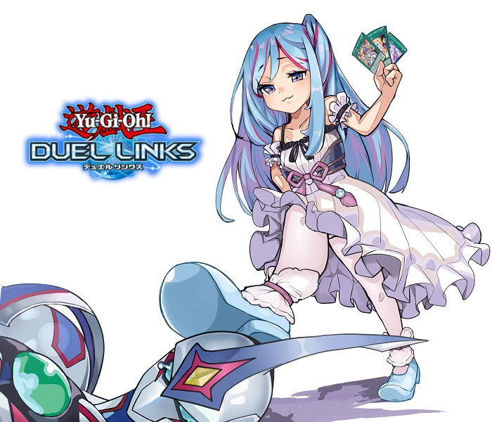 1boy 1girl aqua_footwear blue_hair card copyright_name dress elemental_hero_neos frilled_dress frills holding holding_card long_hair multicolored_hair shadow shoes smile stepped_on streaked_hair tamagokake_candy violet_eyes white_background white_dress white_legwear witchcraft_master_verre yu-gi-oh! yu-gi-oh!_duel_links