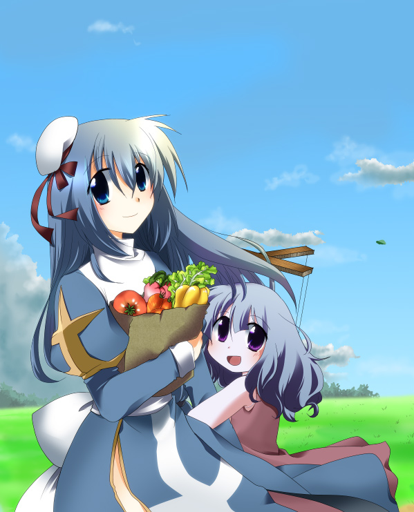 2girls bangs bell_pepper blue_eyes blue_hair blue_sky blush bow brown_dress closed_mouth clouds commentary_request cowboy_shot day dress eyebrows_visible_through_hair field forest grass hair_between_eyes hat high_priest_(ragnarok_online) juliet_sleeves kanagi_tsumugi lettuce long_hair long_sleeves looking_at_viewer marionette marionette_(ro) multiple_girls nature open_mouth outdoors pepper puffy_sleeves puppet ragnarok_online sailor_hat sash sky sleeveless sleeveless_dress smile tomato two-tone_dress violet_eyes white_bow white_dress white_headwear white_sash