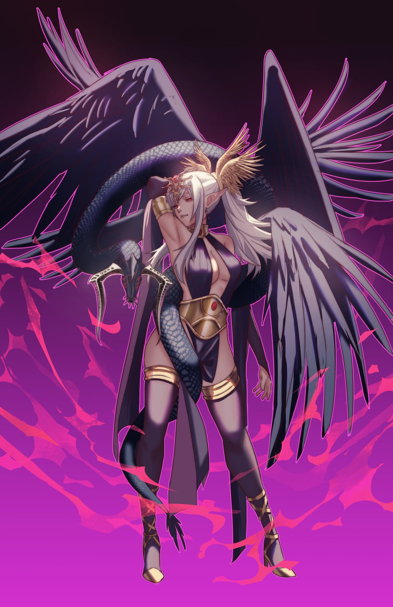 1girl alternate_costume alternate_eye_color alternate_hair_color alternate_hair_ornament arm_up armpits arms_behind_head bangs bare_shoulders black_dress black_gloves black_wings breasts commentary dark_persona dragon dress elbow_gloves english_commentary feathered_wings fire_emblem fire_emblem_awakening gloves grima_(fire_emblem) hair_between_eyes hair_ornament halter_top halterneck high_heels highres jewelry large_breasts lips long_hair looking_at_viewer magic manakete parted_lips pelvic_curtain pointy_ears pomelomelon ponytail red_eyes revealing_clothes seductive_smile sidelocks sleeveless sleeveless_dress smile teeth thigh-highs thighs tiki_(fire_emblem) white_hair wing_hair_ornament wings wrapped