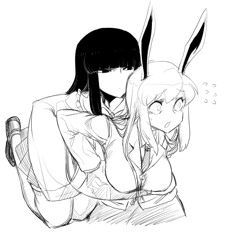 2girls animal_ears bangs blazer blush breasts carrying closed_mouth collar cowboy_shot eyebrows_visible_through_hair flying_sweatdrops frilled_collar frills full_body greyscale hime_cut houraisan_kaguya jacket japanese_clothes kimono large_breasts long_hair looking_afar monochrome multiple_girls open_mouth rabbit_ears reisen_udongein_inaba shoes simple_background sketch skirt solid_eyes spacezin touhou