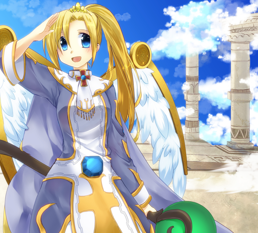 1girl :d asgard asymmetrical_hair bangs blonde_hair blue_dress blue_eyes blue_sky blush clouds column commentary_request cowboy_shot cross dress eyes_visible_through_hair feathered_wings high_ponytail holding holding_staff kanagi_tsumugi long_hair looking_at_viewer open_mouth pillar ponytail priest_(asgard) salute sky smile solo staff two-tone_dress white_dress white_wings wings