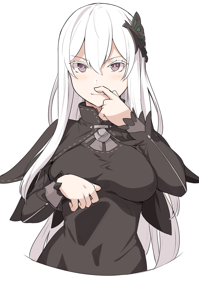 1girl bangs black_capelet black_dress blush breasts butterfly_hair_ornament capelet dress echidna_(re:zero) hair_ornament large_breasts long_hair long_sleeves looking_at_viewer re:zero_kara_hajimeru_isekai_seikatsu shiseki_hirame silver_hair simple_background smile white_eyelashes