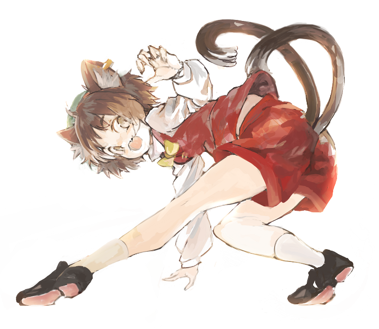1girl :d ahoge animal_ear_fluff animal_ears bent_over bow bowtie brown_eyes brown_hair cat_ears cat_tail chen claw_pose from_behind full_body hat jewelry konabetate looking_at_viewer looking_back mob_cap multiple_tails nekomata open_mouth red_shorts red_vest short_hair shorts simple_background single_earring smile solo tail touhou two_tails vest white_background yellow_neckwear