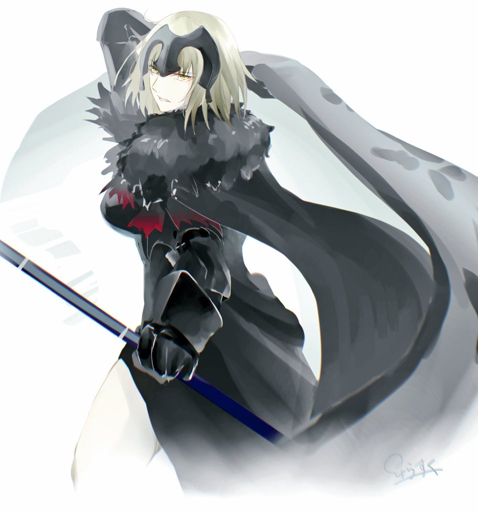 1girl armor armored_dress cloak fate/grand_order fate_(series) flag headpiece holding holding_flag hoshi_rasuku jeanne_d'arc_(alter)_(fate) jeanne_d'arc_(fate)_(all) open_mouth short_hair silver_hair simple_background solo white_background yellow_eyes