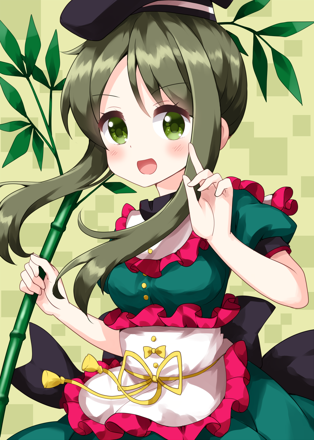 1girl :d apron bamboo bangs black_headwear cowboy_shot dress eyebrows_visible_through_hair green_background green_dress green_eyes green_hair hat highres holding_plant looking_at_viewer open_mouth puffy_short_sleeves puffy_sleeves ruu_(tksymkw) short_hair_with_long_locks short_sleeves sidelocks smile solo standing tate_eboshi teireida_mai touhou waist_apron white_apron