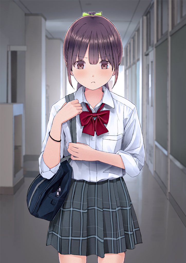 1girl bag blush bow bowtie brown_eyes chikuwa_(odennabe) closed_mouth collared_shirt door frown grey_skirt hallway holding holding_bag indoors long_hair long_sleeves looking_at_viewer original plaid plaid_skirt pleated_skirt ponytail purple_hair red_bow red_neckwear school school_bag shirt skirt solo standing white_shirt