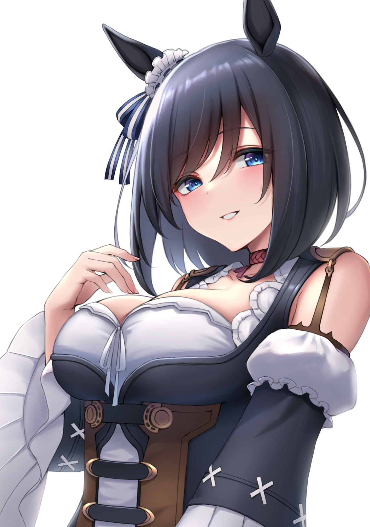1girl animal_ears black_hair blue_eyes blush breasts choker collarbone detached_sleeves eishin_flash_(umamusume) eyebrows_visible_through_hair highres horse_ears horse_girl large_breasts red_choker short_hair simple_background smile solo umamusume upper_body white_background wide_sleeves ym_(distance819)