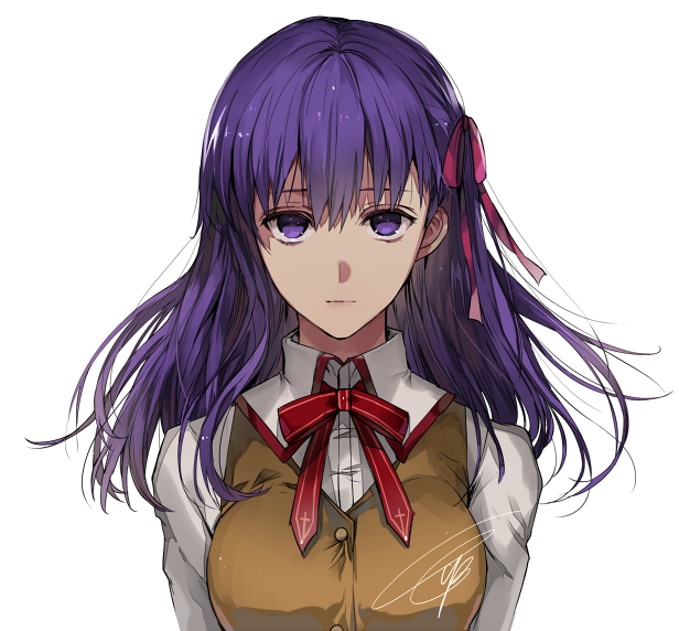 1girl bangs breasts brown_vest closed_mouth collared_shirt eyebrows_visible_through_hair fate/stay_night fate_(series) floating_hair hair_between_eyes hair_ribbon homurahara_academy_uniform large_breasts long_hair looking_at_viewer matou_sakura neck_ribbon purple_hair red_ribbon ribbon school_uniform shirt signature simple_background solo tcb upper_body vest violet_eyes white_background white_shirt