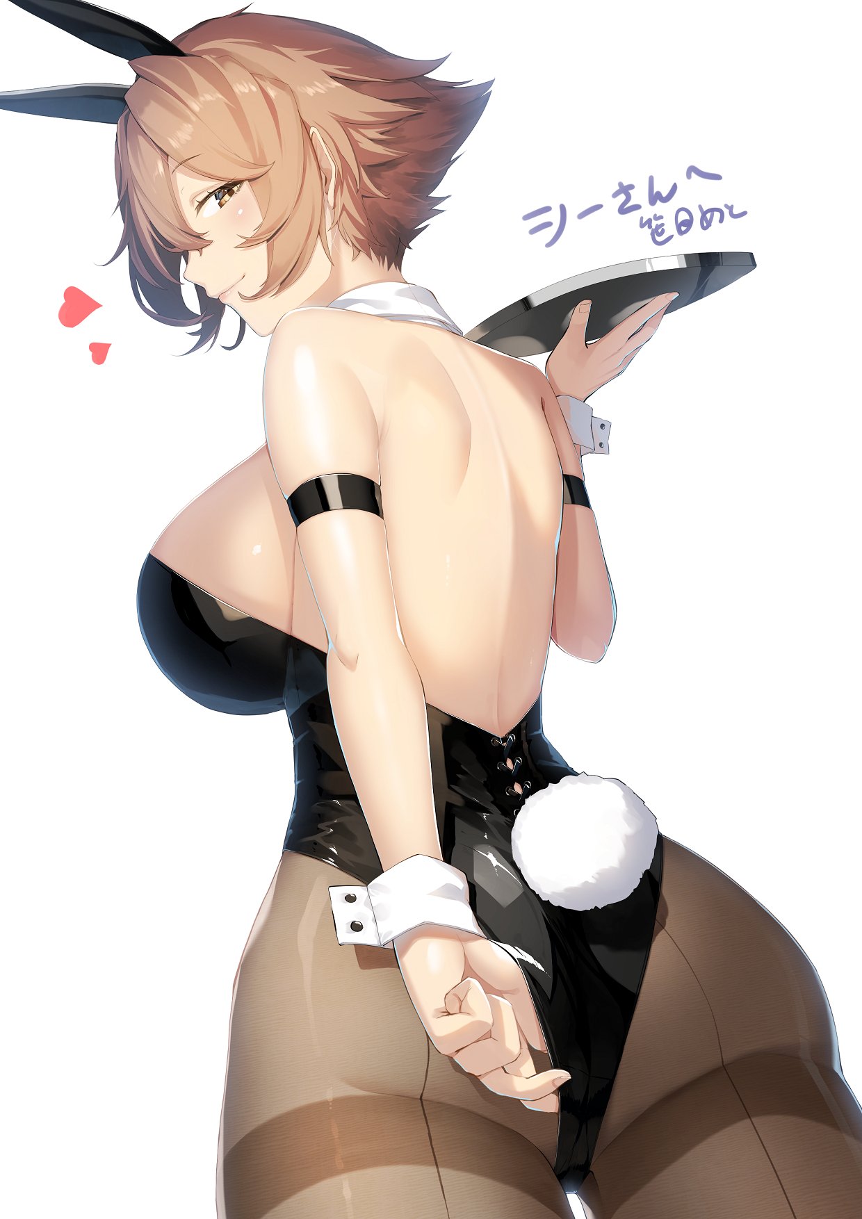1girl animal_ears armband ass black_leotard blush breasts brown_eyes brown_hair bunny_tail closed_mouth commission detached_collar fake_animal_ears highres holding holding_tray kantai_collection large_breasts leotard looking_at_viewer looking_back meth_(emethmeth) mutsu_(kancolle) pantyhose playboy_bunny rabbit_ears second-party_source short_hair sideboob simple_background smile solo tail tray upper_body white_background wrist_cuffs