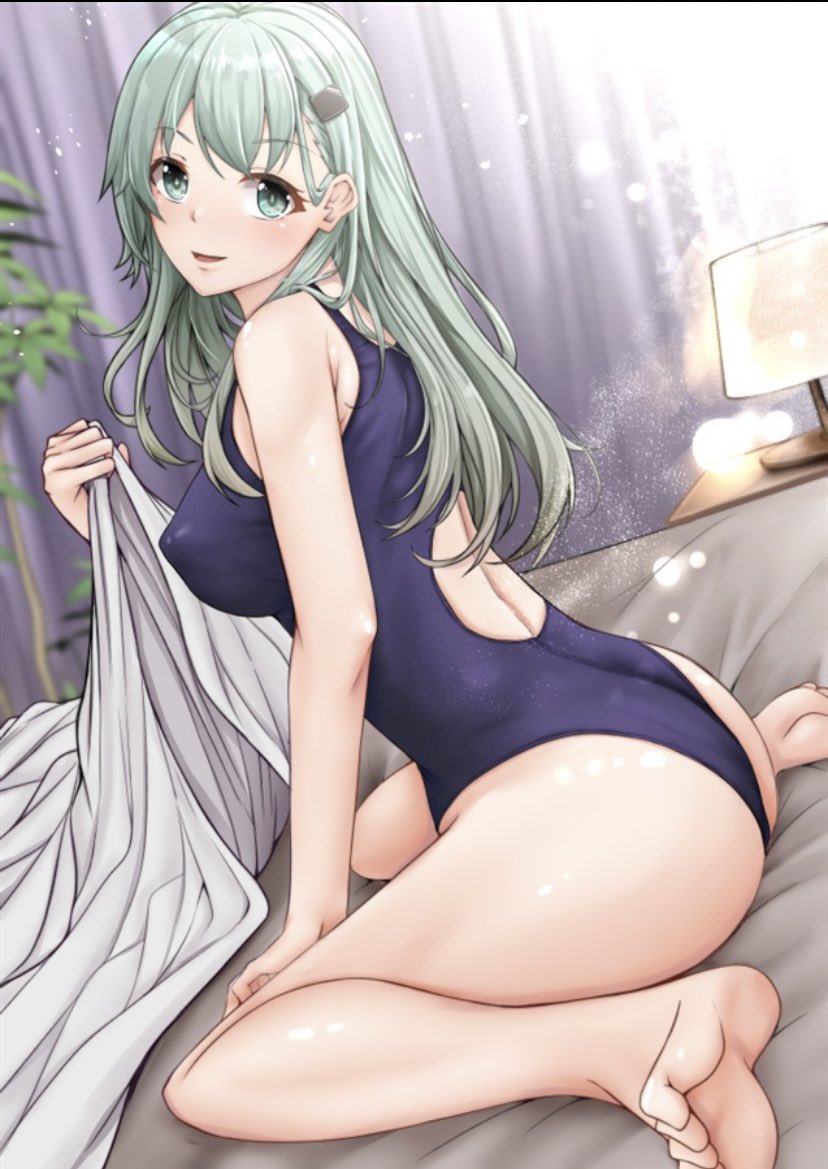 1girl ass barefoot bed bed_sheet black_swimsuit commentary_request competition_swimsuit covered_nipples curtains dated dutch_angle feet green_eyes green_hair hair_ornament hairclip kantai_collection lamp legs long_hair one-piece_swimsuit plant shohei_(piranha5hk) sitting solo suzuya_(kancolle) swimsuit wariza