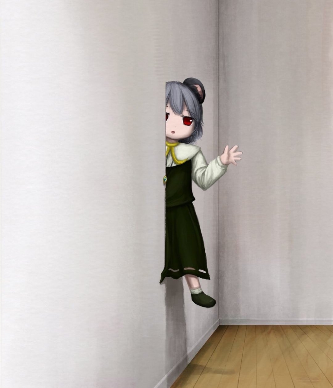 1girl animal_ears bangs bibitto_(kemushima3) capelet cookie_(touhou) eyebrows_visible_through_hair green_footwear green_skirt green_vest grey_hair highres imageboard_desourced indoors jewelry looking_at_viewer mouse_ears nazrin nyon_(cookie) open_mouth pendant red_eyes shirt shoes short_hair skirt socks solo surreal through_wall touhou vest white_capelet white_legwear white_shirt