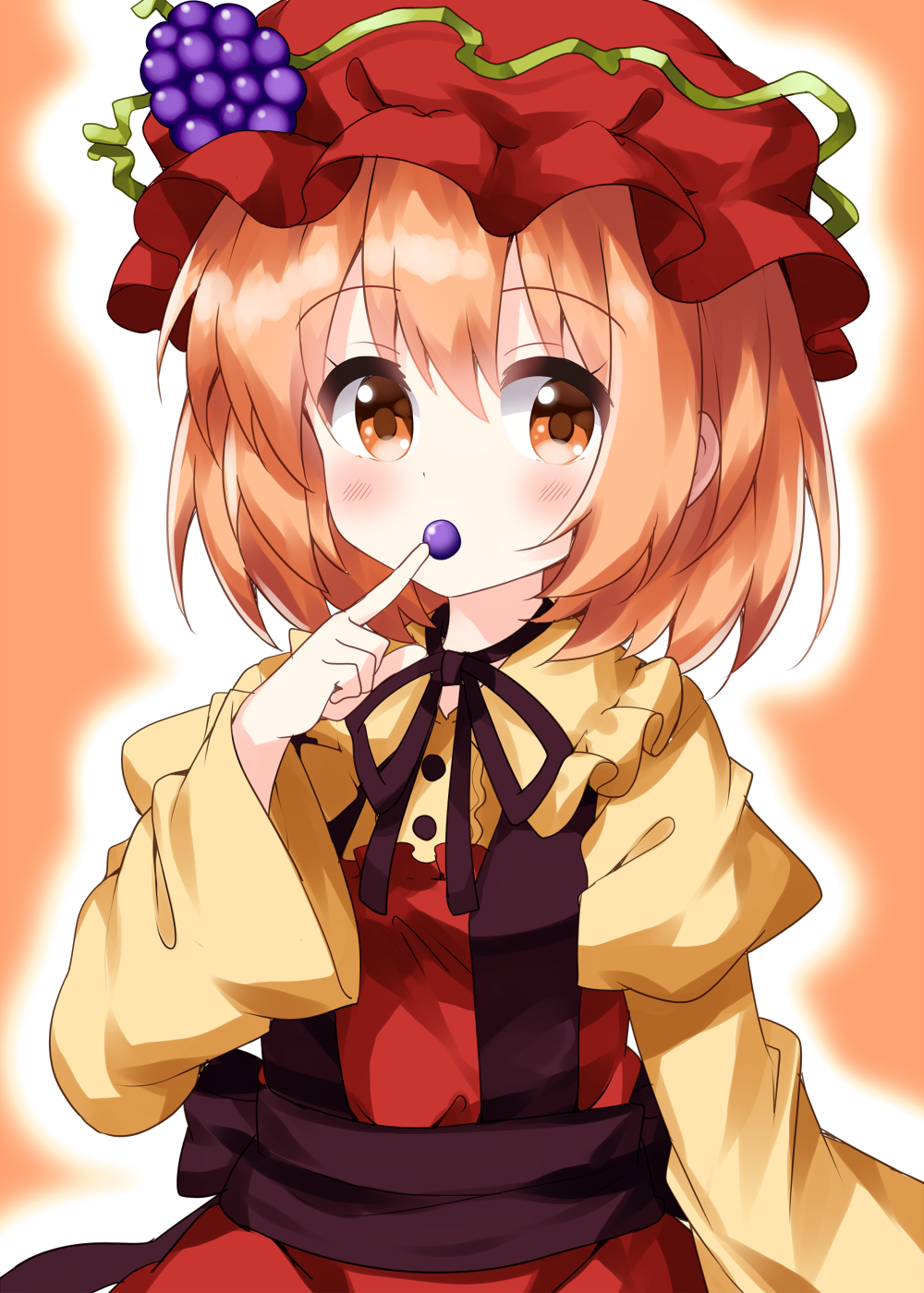 1girl aki_minoriko apron bangs black_neckwear black_ribbon eyebrows_visible_through_hair food fruit grapes highres holding holding_food juliet_sleeves long_sleeves looking_at_viewer neck_ribbon orange_background orange_eyes orange_hair puffy_sleeves red_apron red_headwear ribbon ruu_(tksymkw) short_hair simple_background solo touhou upper_body