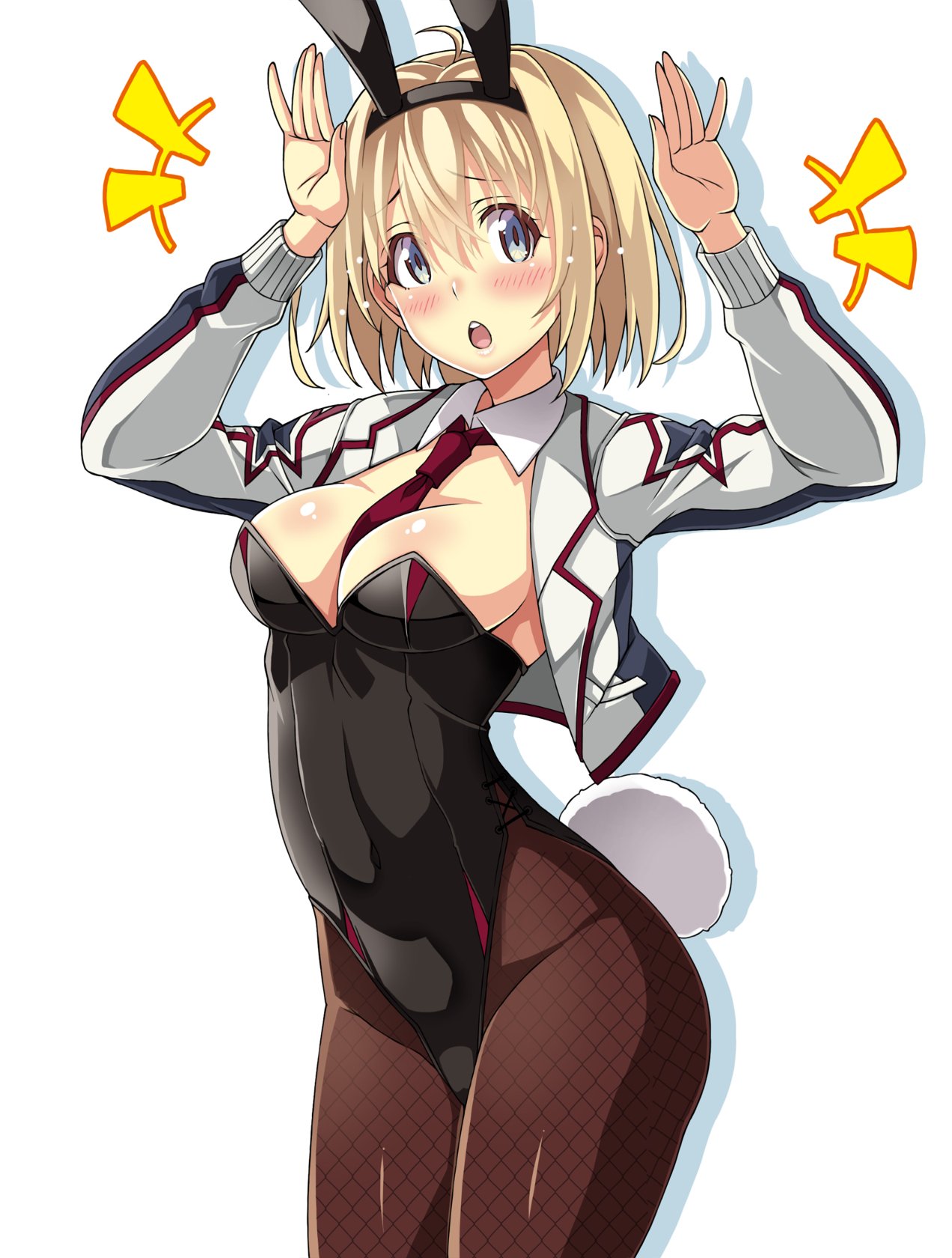 1girl alternate_costume animal_ears azur_lane bangs bataan_(azur_lane) between_breasts black_leotard blonde_hair blue_eyes blush breasts brown_legwear bunny_tail detached_collar fake_animal_ears fake_tail fishnet_legwear fishnets hair_between_eyes highres jacket leotard long_sleeves looking_at_viewer macaroni_hourensou necktie necktie_between_breasts open_clothes open_jacket open_mouth pantyhose playboy_bunny rabbit_ears red_neckwear short_hair solo standing strapless strapless_leotard tail white_jacket wing_collar