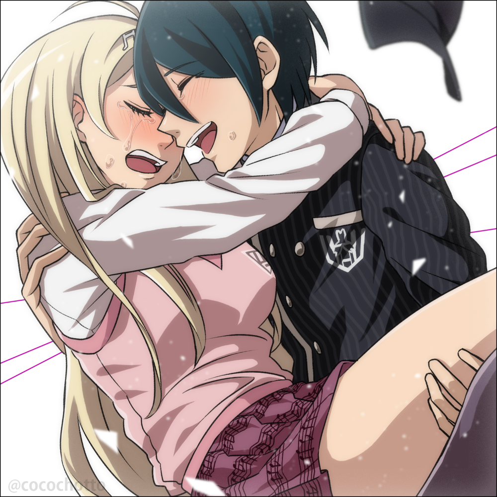 1boy 1girl :d ahoge akamatsu_kaede bangs black_hair black_headwear black_jacket blonde_hair blush breast_pocket breasts buttons carrying closed_eyes couple crying dangan_ronpa_(series) dangan_ronpa_v3:_killing_harmony double-breasted hetero jacket kudakeru large_breasts long_hair open_mouth pink_skirt pink_vest pocket princess_carry saihara_shuuichi shirt short_hair skirt smile striped_jacket sweater_vest tears twitter_username upper_teeth vest white_shirt