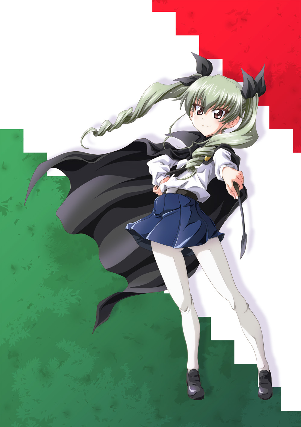 1girl anchovy_(girls_und_panzer) anzio_school_uniform bangs belt black_belt black_cape black_footwear black_neckwear black_ribbon blue_skirt brown_eyes cape closed_mouth commentary dress_shirt drill_hair eyebrows_visible_through_hair flag_background girls_und_panzer green_hair hair_ribbon highres italian_flag loafers long_hair long_sleeves looking_at_viewer miniskirt necktie pantyhose pleated_skirt ribbon riding_crop school_uniform shadow shirt shoes skirt smile solo standing twin_drills twintails white_legwear white_shirt wind wind_lift wing_collar zf_mizunokei