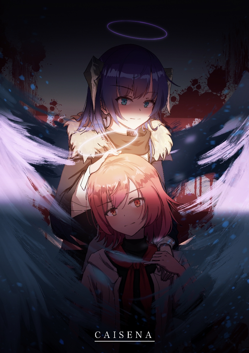 2girls angel_wings arknights artist_name bangs black_coat blood blood_splatter bow bowtie caisena closed_mouth coat demon_horns detached_wings exusiai_(arknights) exusiai_(city_rider)_(arknights) eyebrows_visible_through_hair fur_trim green_eyes grey_hair halo hand_up holding_hands hood hoodie horns long_sleeves looking_at_viewer medium_hair mostima_(arknights) multiple_girls purple_hair sidelocks upper_body violet_eyes white_hoodie wings