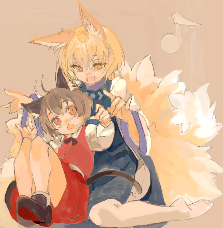 2girls :d :o ahoge animal_ear_fluff animal_ears beige_background blonde_hair bow bowtie brown_hair cat_ears cat_tail chen dress fang fox_ears fox_shadow_puppet fox_tail knees_up konabetate looking_at_another multiple_girls multiple_tails musical_note nekomata no_hat no_headwear open_mouth red_eyes red_shorts red_vest short_hair shorts simple_background sitting skin_fang smile tabard tail touhou two_tails vest wariza white_dress yakumo_ran yellow_eyes