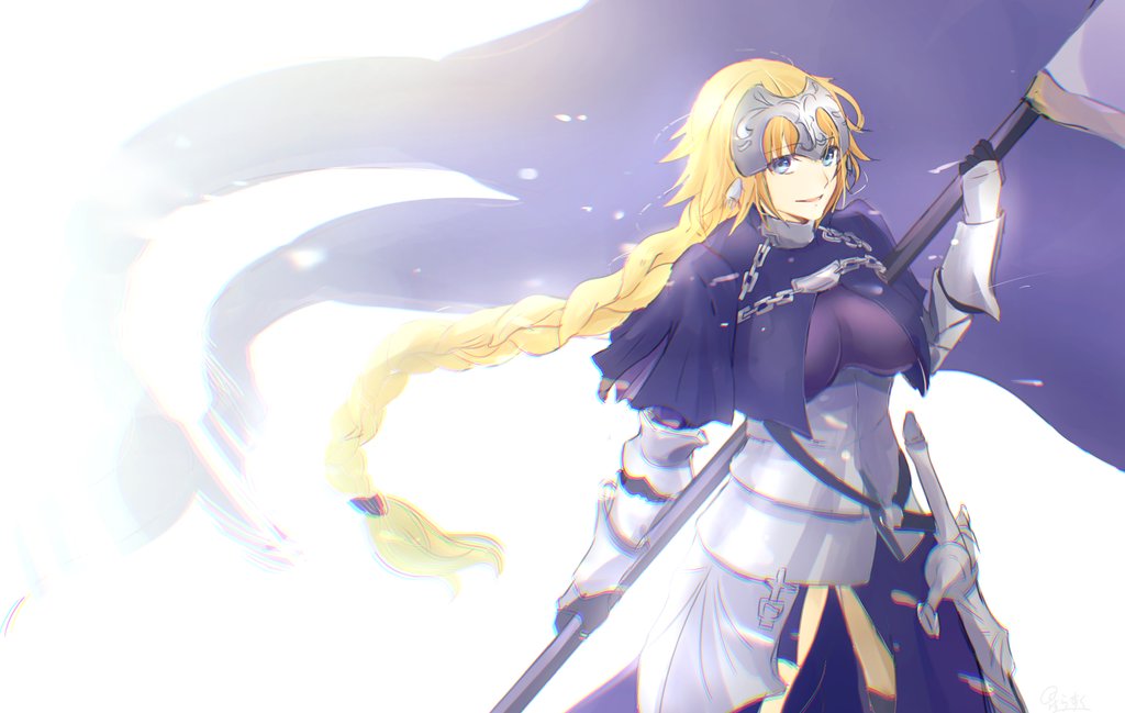 1girl blonde_hair blue_eyes braid braided_ponytail breasts chain fate/apocrypha fate/grand_order fate_(series) flag holding holding_flag hoshi_rasuku jeanne_d'arc_(fate) jeanne_d'arc_(fate)_(all) light long_hair looking_at_viewer open_mouth simple_background smile solo standing sword thigh-highs weapon white_background