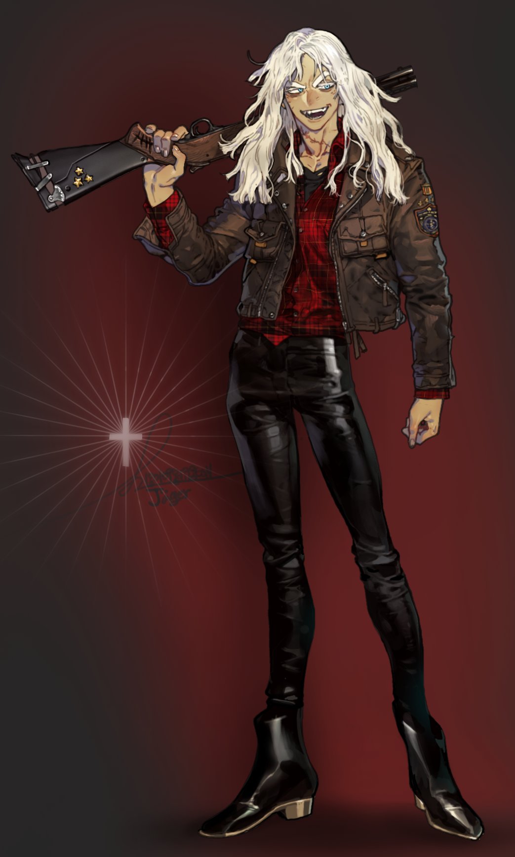 1boy :d blue_eyes boots brown_jacket contrapposto fingernails full_body grin gun hand_up high_heel_boots high_heels highres holding holding_gun holding_weapon jacket latex_pants latin_cross long_hair male_focus open_clothes open_jacket open_mouth original over_shoulder pigeon666 red_shirt shirt shotgun smile solo standing weapon weapon_over_shoulder white_hair