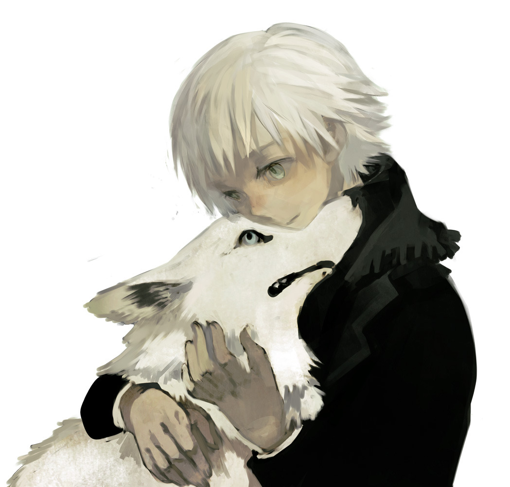 1boy animal black_jacket dog green_eyes hug jacket light_smile original petting shirt short_hair solo teeth tono_(rt0no) upper_body white_background white_dog white_hair white_shirt