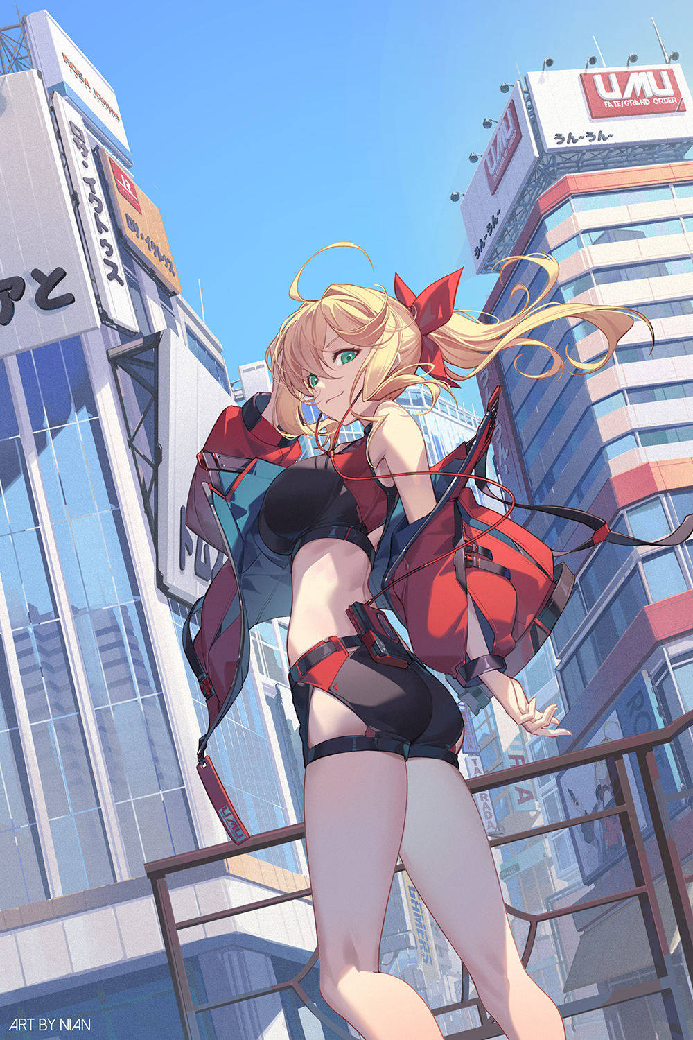 1girl ahoge arm_up artist_name ass bangs bare_legs bare_shoulders black_shorts blue_sky breasts building city closed_mouth copyright_name crop_top day fate/grand_order fate_(series) feet_out_of_frame from_side hair_between_eyes hair_ribbon hand_in_hair highres jacket large_breasts long_hair long_sleeves looking_at_viewer looking_to_the_side nero_claudius_(fate) nero_claudius_(fate)_(all) nian open_clothes open_jacket outdoors ponytail railing red_jacket red_ribbon ribbon short_shorts shorts sky smile solo standing
