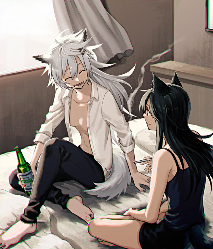 alcohol alternate_costume animal_ears arknights beer black_camisole black_hair black_nails black_pants black_shorts bottle breasts camisole casual chromatic_aberration cigarette closed_eyes collared_shirt commentary crossed_legs curtains day dress_shirt english_commentary full_body hair_between_eyes heineken holding holding_bottle holding_cigarette indian_style indoors kuroda_(nanchara_flight) lappland_(arknights) long_hair looking_at_another medium_breasts nail_polish no_bra on_bed open_clothes open_mouth open_shirt pants pillow red_eyes shirt short_shorts shorts silver_hair sitting sleeveless sleeves_rolled_up smile smoke spaghetti_strap sunlight tail texas_(arknights) toenail_polish toned unbuttoned white_shirt wind window wing_collar wolf_ears wolf_tail