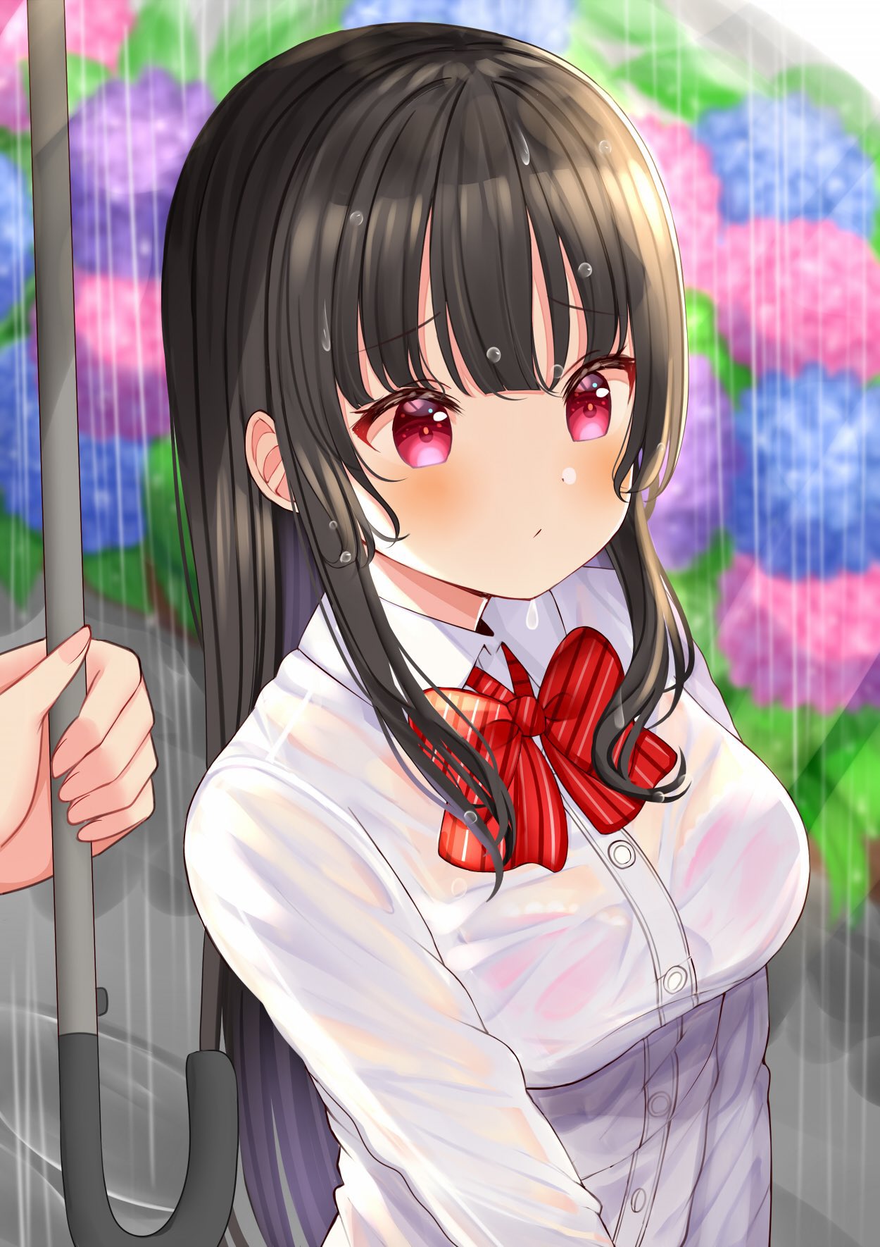 1boy 1girl bangs blurry blurry_background blush bow bowtie breasts brown_hair closed_mouth collared_shirt dress_shirt flower highres hydrangea large_breasts long_hair mizukoshi_(marumi) original outdoors rain red_bow red_eyes shirt solo_focus striped striped_bow striped_neckwear umbrella upper_body wet wet_clothes wet_hair wet_shirt