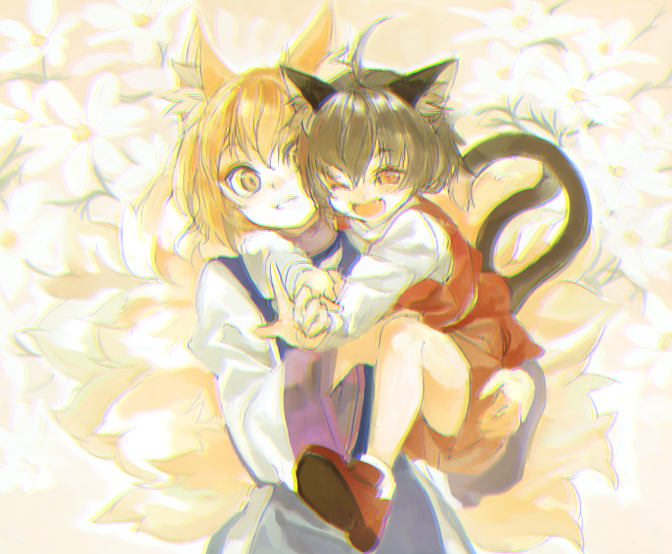 2girls ;d ahoge animal_ear_fluff animal_ears blonde_hair brown_eyes brown_hair carrying cat_ears cat_tail chen chromatic_aberration commentary_request daisy dress floral_background flower fox_ears fox_tail happy index_finger_raised konabetate multiple_girls multiple_tails nekomata one_eye_closed open_mouth red_shorts red_vest short_hair shorts smile tabard tail touhou two_tails vest white_dress white_flower yakumo_ran yellow_eyes