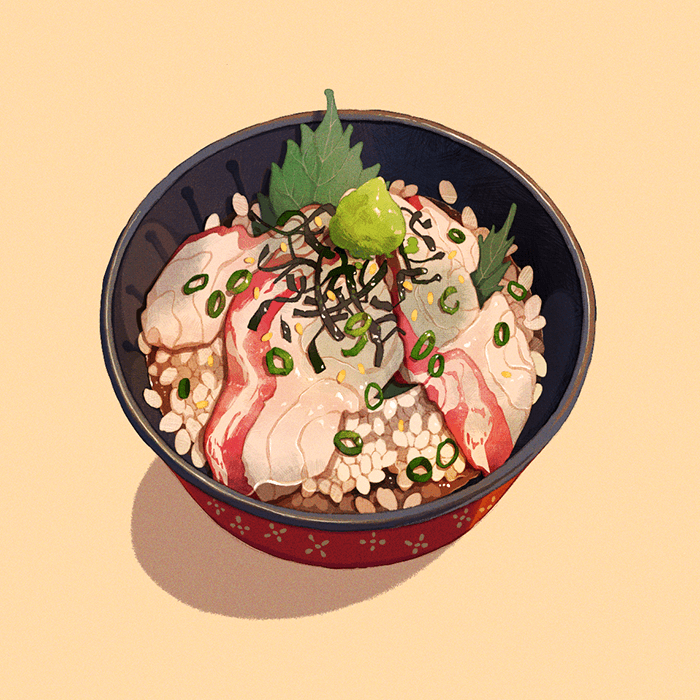 beige_background bowl food food_focus ikkaf_sk no_humans nori_(seaweed) ochazuke_(food) original parsley rice sea_bream spring_onion wasabi