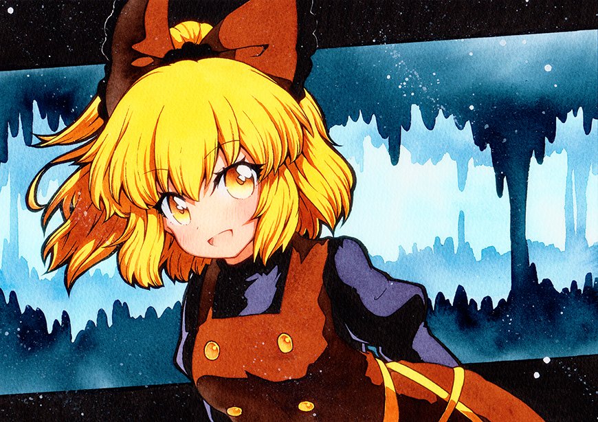 1girl black_dress blonde_hair bow brown_dress buttons cave dress hair_bow hair_ribbon kurodani_yamame medium_hair ponytail qqqrinkappp ribbon short_hair silk smile spider_web touhou traditional_media turtleneck yellow_eyes youkai