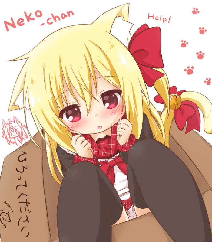 1girl :o animal_ear_fluff animal_ears bangs bell black_jacket black_legwear blonde_dog_girl_(ri-net) blonde_hair blush bow box cardboard_box cat_ears cat_girl cat_tail english_text eyebrows_visible_through_hair feet_out_of_frame frilled_skirt frills hair_between_eyes hair_bow hands_up in_box in_container jacket jingle_bell long_hair long_sleeves looking_at_viewer one_side_up original panties parted_lips plaid plaid_sailor_collar plaid_skirt red_bow red_eyes red_sailor_collar red_skirt ri-net romaji_text sailor_collar shirt simple_background skirt solo tail tail_bell tail_bow tail_ornament tail_raised thigh-highs translation_request underwear white_background white_panties white_shirt