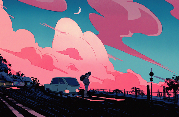1non-binary brown_hair car clouds cloudy_sky crescent_moon evening ground_vehicle icamebyunicorn jacket long_hair moon motor_vehicle queer road sky solo steven_universe stevonnie_(steven_universe) trans