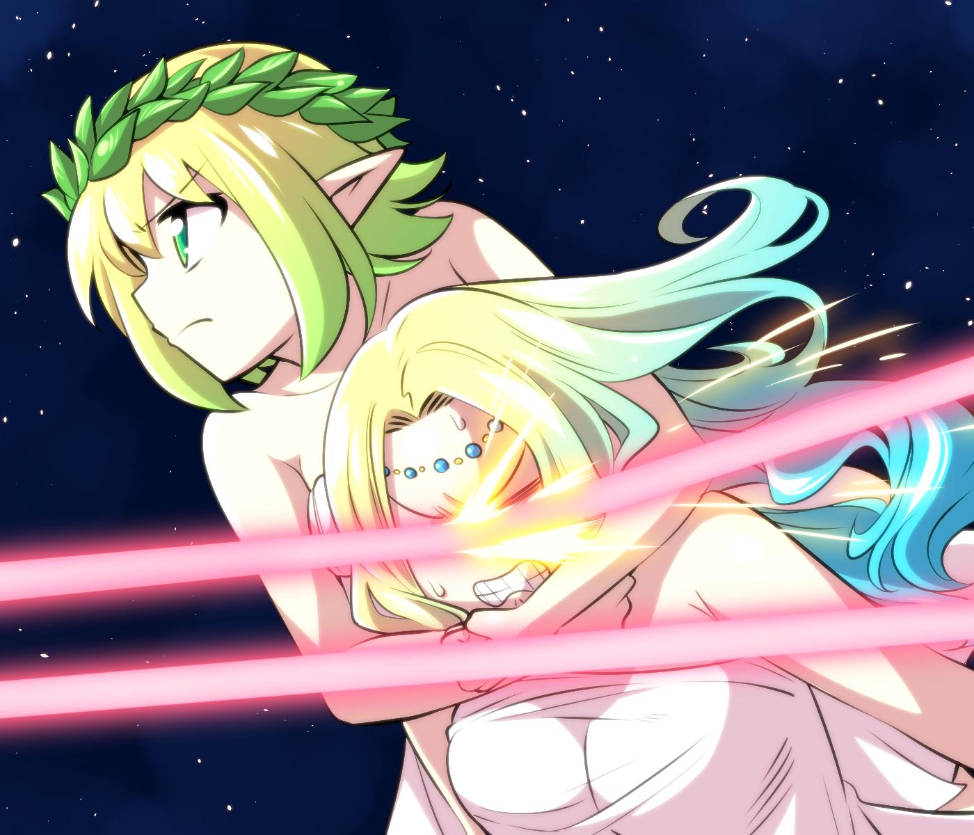 2girls aqua_hair bare_shoulders dress g-forest_goddess_(ishiyumi) g-spring_goddess_(ishiyumi) g_gundam gradient_hair green_hair gundam gundam_rose headlock highres ishiyumi laurel_crown long_hair multicolored_hair multiple_girls original platinum_blonde_hair pointy_ears roman_clothes scene_reference short_hair strapless strapless_dress tiara toga translation_request wavy_hair