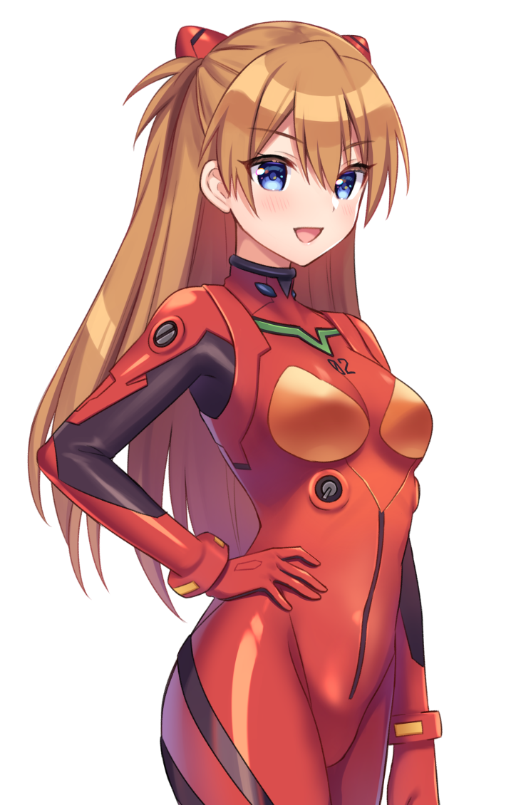 1girl :d bangs blue_eyes blush bodysuit breasts brown_hair commentary_request cowboy_shot eyebrows_visible_through_hair hair_between_eyes hand_on_hip long_hair looking_at_viewer neon_genesis_evangelion number open_mouth plugsuit rebuild_of_evangelion red_bodysuit redhead simple_background small_breasts smile solo souryuu_asuka_langley sumisaki_yuzuna very_long_hair white_background