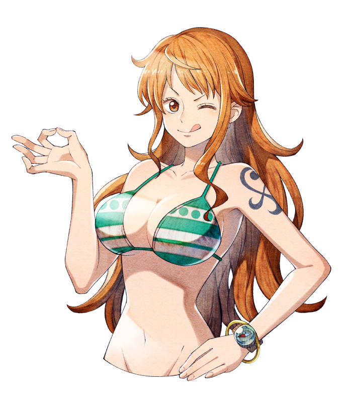 1girl bangs bare_arms bare_shoulders bikini bikini_top blush bracelet breasts brown_eyes cleavage collarbone female hand_on_hip jewelry kobayashi_sakon large_breasts log_pose long_hair midriff nami_(one_piece) navel one_eye_closed one_piece orange_hair shoulder_tattoo simple_background smile solo swimsuit tattoo tongue tongue_out upper_body white_background