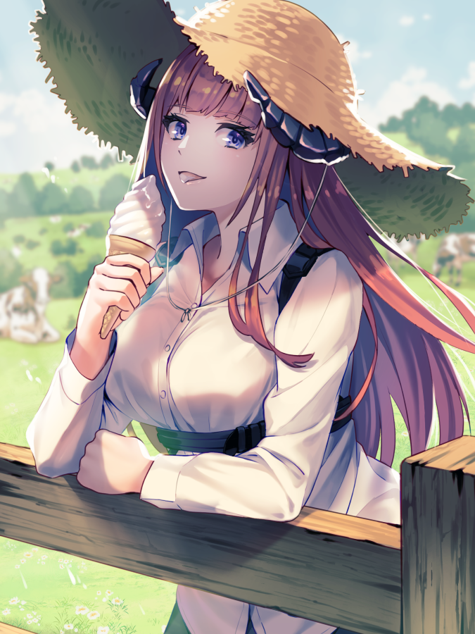 1girl arknights arm_up bagpipe_(arknights) bangs commentary_request cow farm fence food gloves green_eyes hair_between_eyes hat holding holding_food ice_cream long_hair long_sleeves looking_at_viewer open_mouth orange_hair outdoors shirt simple_background smile solo straw_hat tanagawa_makoto teeth tongue tongue_out upper_body white_shirt wooden_fence