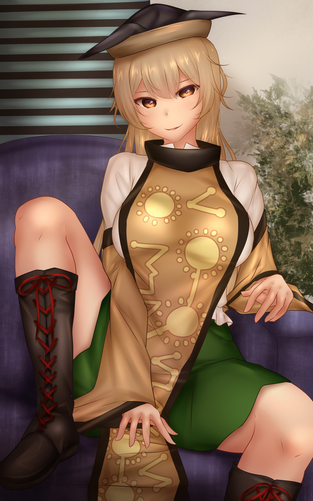 1girl bangs blonde_hair boots brown_footwear brown_headwear chair eyebrows_visible_through_hair green_skirt hair_between_eyes hat highres long_hair matara_okina open_mouth shirt shounen_(hogehoge) sitting skirt smile solo sun_symbol touhou white_shirt window yellow_eyes yellow_sleeves