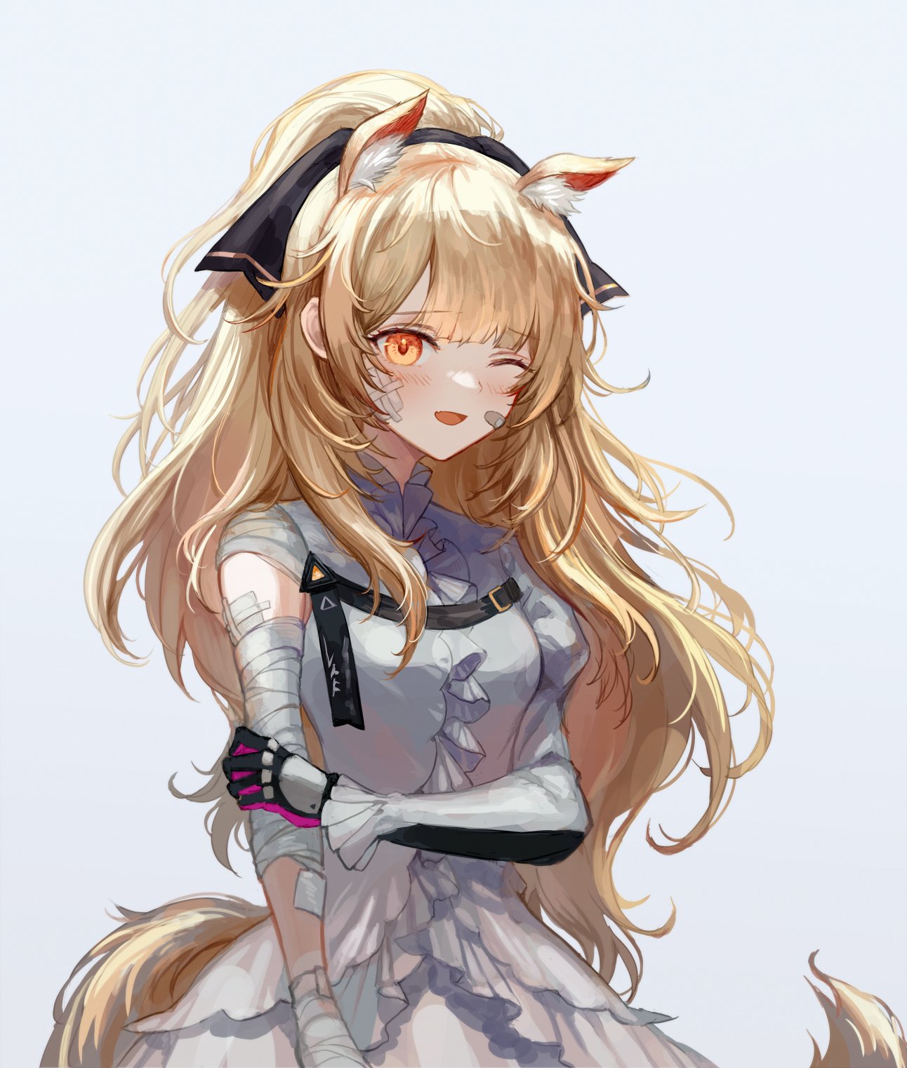 1girl arknights bandaged_arm bandaged_hand bandages bandaid bandaid_on_face blemishine_(arknights) blonde_hair dress highres holding_own_arm injury long_hair one_eye_closed ponytail spacelongcat white_dress yellow_eyes