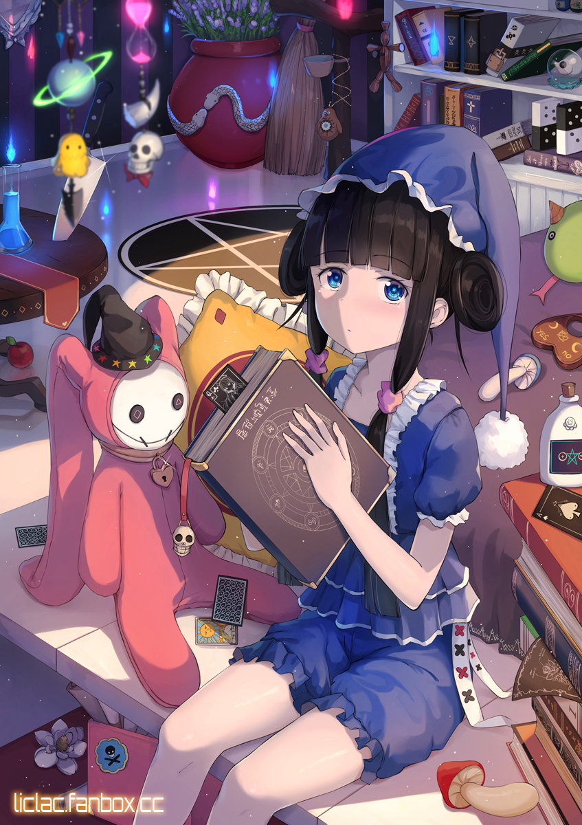 1girl bangs black_hair blue_eyes blue_headwear blue_shirt blue_shorts book bookmark bookshelf card closed_mouth commentary_request double_bun eyebrows_visible_through_hair frilled_pillow frilled_shirt frilled_shorts frills hat highres holding holding_book liclac long_hair looking_at_viewer mushroom nightcap original pentagram pillow puffy_short_sleeves puffy_sleeves round-bottom_flask shirt short_shorts short_sleeves shorts sitting solo spade_(shape) straw_doll stuffed_animal stuffed_bunny stuffed_toy very_long_hair watermark web_address