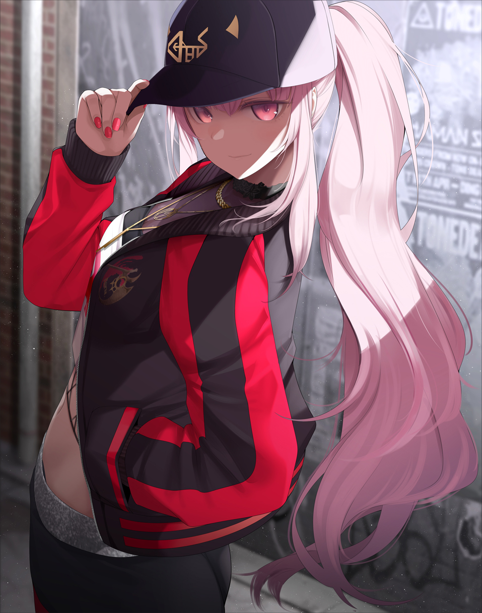 1girl baseball_cap black_headwear black_pants breasts fed_(giba) hat highres hololive hololive_english jacket large_breasts long_hair long_sleeves looking_at_viewer midriff mori_calliope official_alternate_costume open_clothes open_jacket pants pink_eyes pink_hair ponytail red_jacket shirt sidelocks virtual_youtuber white_shirt