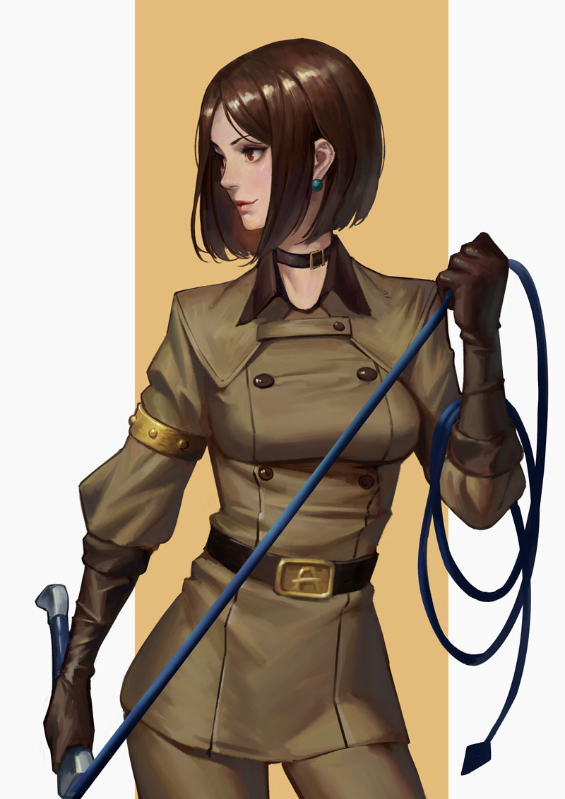1girl belt bob_cut bracelet breasts brown_eyes brown_hair closed_mouth earrings elbow_gloves gloves holding holding_whip jewelry looking_at_viewer looking_away military military_uniform phamoz shocker short_hair simple_background solo the_king_of_fighters uniform whip whip_(kof) white_background
