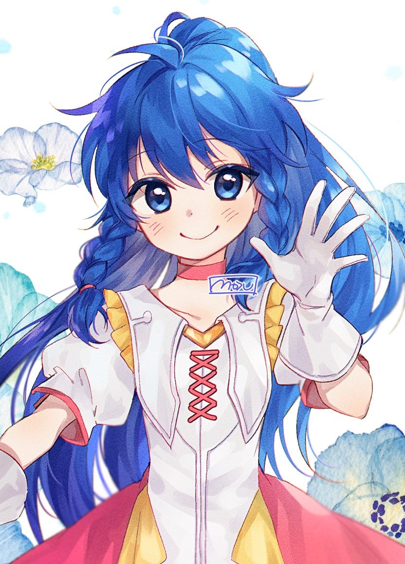 1girl bangs blue_eyes blue_hair braid choker dress eyebrows_visible_through_hair fire_emblem fire_emblem:_the_sacred_stones fire_emblem_heroes flower gloves long_hair looking_at_viewer moch_ka_game ponytail puffy_short_sleeves puffy_sleeves short_sleeves smile tana_(fire_emblem) twin_braids white_background white_gloves younger