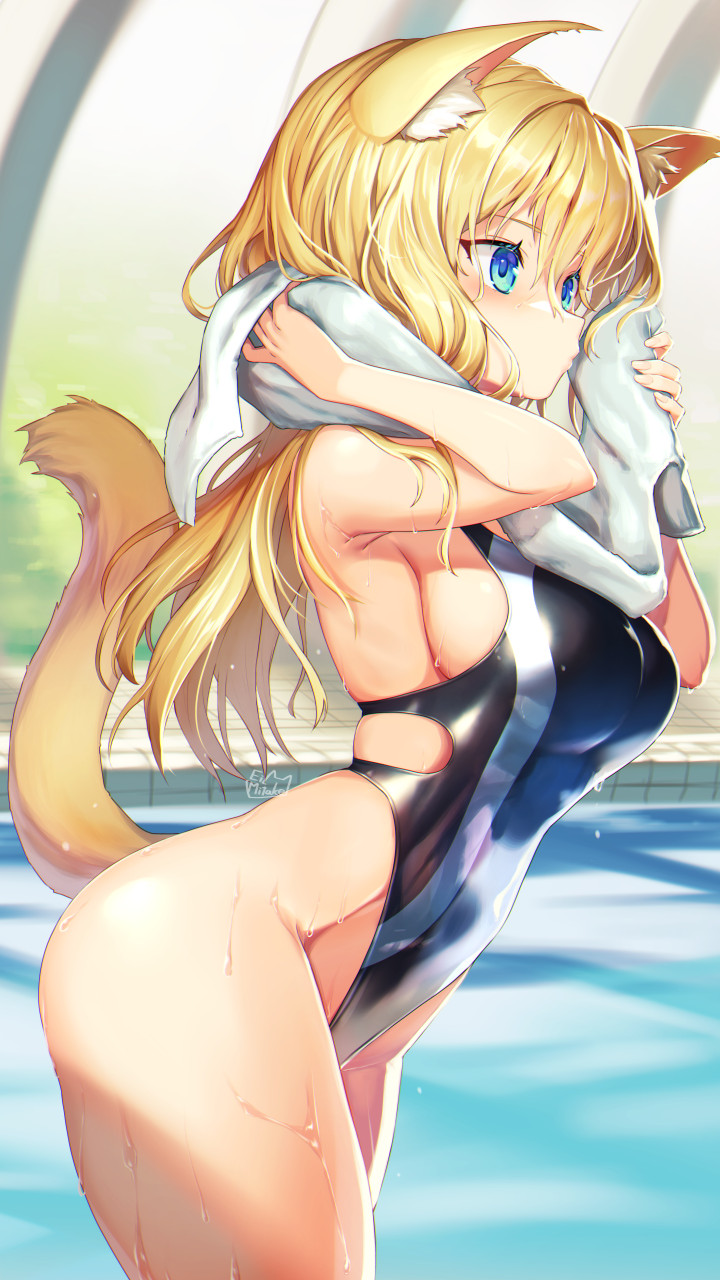 1girl animal_ear_fluff animal_ears artist_name black_swimsuit blonde_hair blue_eyes breasts competition_swimsuit hair_between_eyes highres holding holding_towel long_hair looking_away medium_breasts mitake_eil one-piece_swimsuit original pool solo swimsuit tail thighs towel two-tone_swimsuit water wet white_swimsuit
