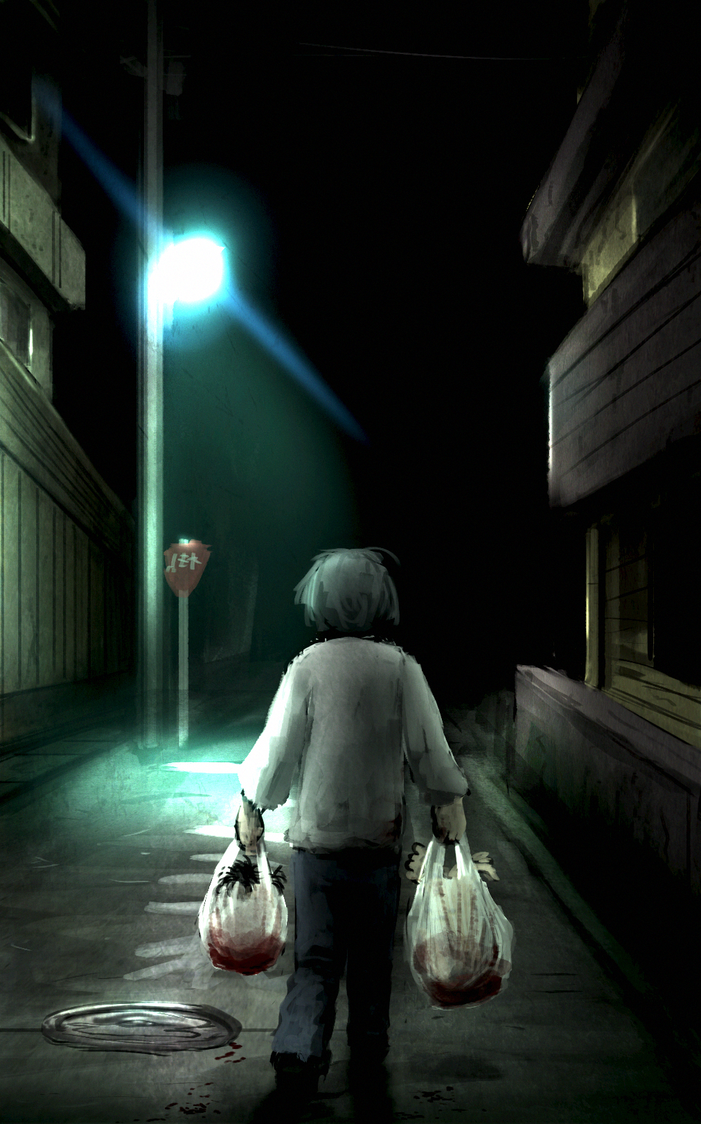 1boy bag bibitto_(kemushima3) blood blood_trail blue_pants city commentary_request from_behind full_body grey_hair highres holding holding_bag implied_murder lamppost male_focus manhole_cover night night_sky original outdoors pants road_sign shirt short_hair sign sky solo stop_sign walking white_shirt