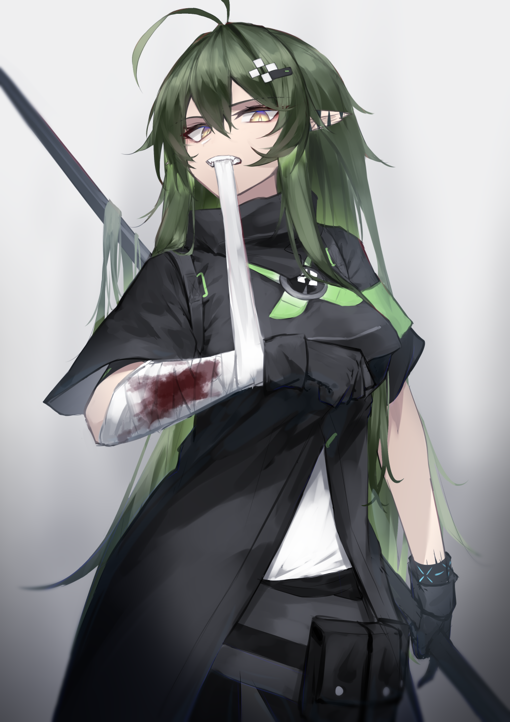 1girl antenna_hair arknights bandaged_arm bandages bangs biting black_dress black_gloves blood breasts dress gavial_(arknights) gloves green_hair hair_between_eyes hair_ornament highres holding holding_staff infection_monitor_(arknights) jacket long_hair medium_breasts ozeu0916 pointy_ears shirt sidelocks solo staff white_shirt yellow_eyes