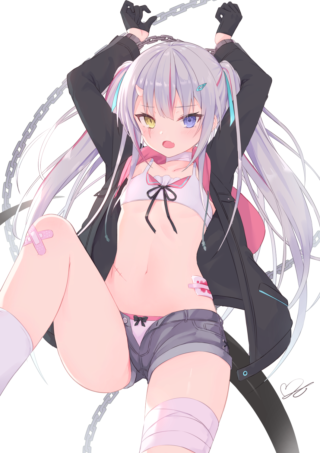 1girl :o arms_up ass bandaged_leg bandages black_gloves black_jacket blue_eyes chain choker collarbone crop_top flat_chest gloves grey_shorts hair_ornament hairclip heartsix heterochromia highres horns jacket knee_up kneehighs long_hair long_sleeves looking_at_viewer micro_shorts midriff multicolored_hair navel open_clothes open_fly open_jacket open_mouth original panties restrained scar scar_across_eye short_shorts shorts sidelocks silver_hair single_horn sleeveless solo spaghetti_strap stomach streaked_hair tail thighs twintails underwear very_long_hair white_choker white_legwear white_panties yellow_eyes