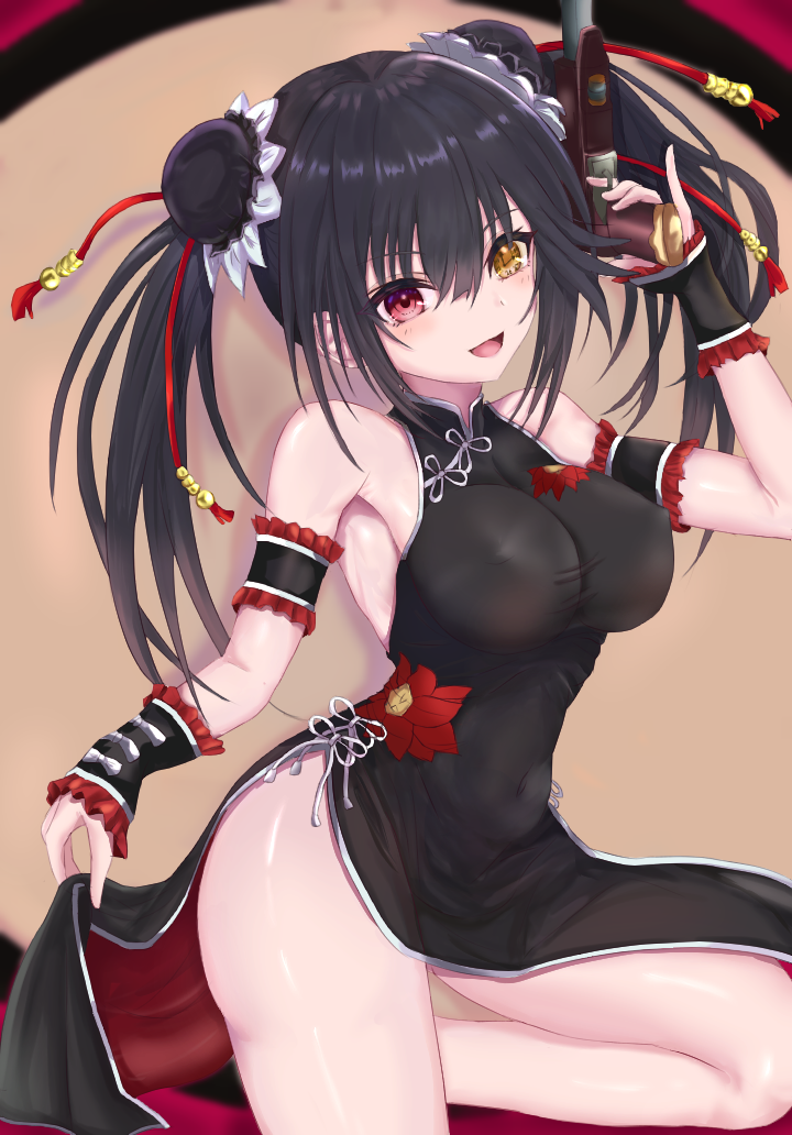 1girl :d ana_(vvvvor) black_hair breasts china_dress chinese_clothes clock_eyes commentary covered_navel covered_nipples date_a_live double_bun dress firearm gun heterochromia holding holding_gun holding_weapon large_breasts long_hair looking_at_viewer open_mouth red_eyes smile solo symbol-shaped_pupils thighs tokisaki_kurumi twintails weapon yellow_eyes