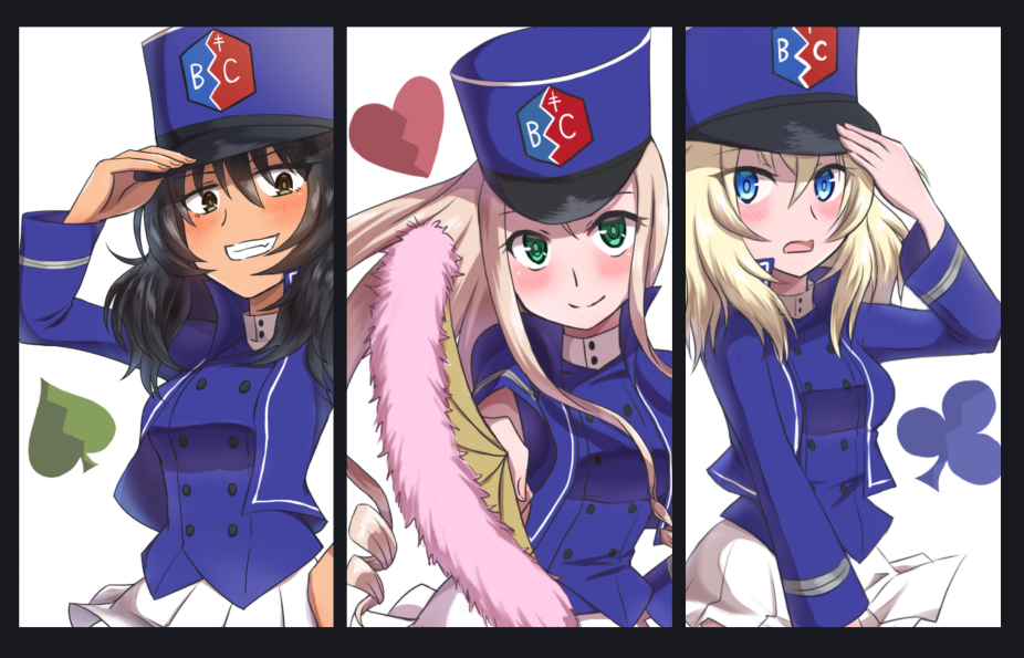 3girls adjusting_clothes adjusting_headwear andou_(girls_und_panzer) bangs bc_freedom_(emblem) bc_freedom_military_uniform black_border black_hair blonde_hair blue_eyes blue_headwear blue_jacket blue_vest blush border brown_eyes closed_mouth commentary_request dark_skin dress_shirt drill_hair emblem fan folding_fan frown girls_und_panzer green_eyes grin hand_on_hip hat heart high_collar holding holding_fan jacket kepi long_hair long_sleeves looking_at_viewer marie_(girls_und_panzer) medium_hair messy_hair military military_hat military_uniform miniskirt multiple_girls open_mouth oshida_(girls_und_panzer) pleated_skirt salt-apple shirt skirt skirt_tug smile spade_(shape) standing uniform vest white_background white_shirt white_skirt wind wind_lift