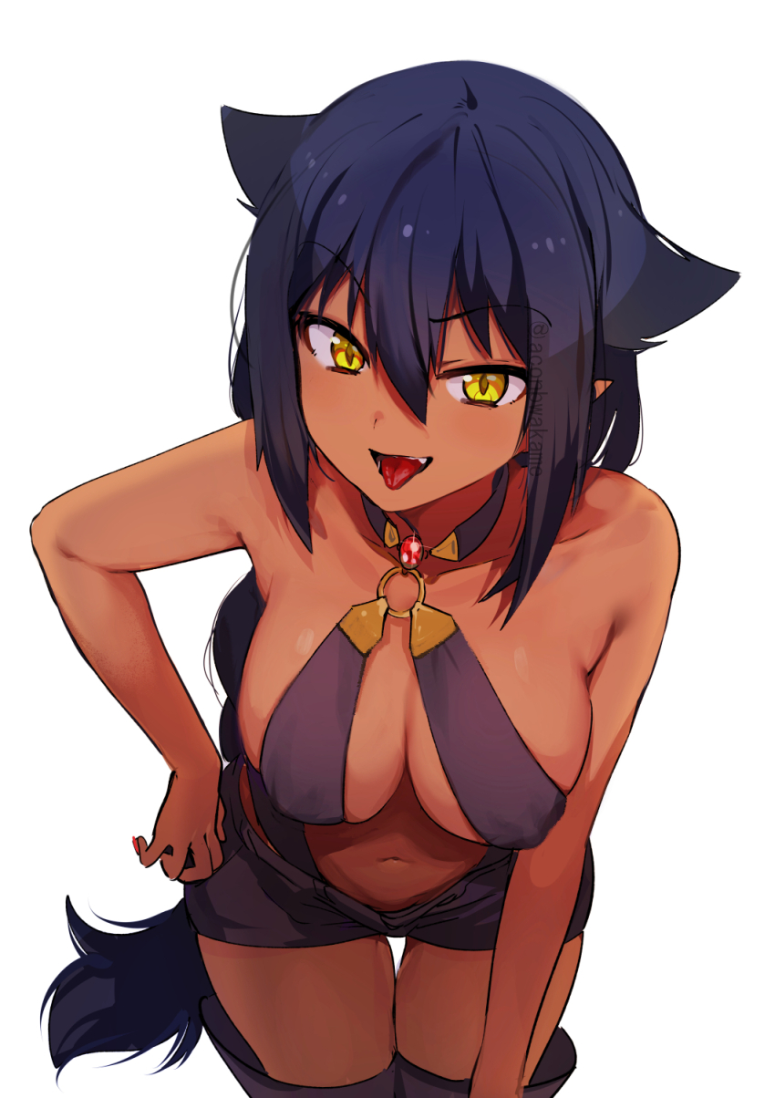 1girl bare_shoulders black_hair breasts collarbone commentary_request covered_nipples dark-skinned_female dark_skin eyebrows_visible_through_hair fang gem hair_between_eyes hair_flaps hand_on_hip hand_on_own_knee highres jahy jahy_sama_wa_kujikenai konbu_wakame leaning_forward long_hair looking_at_viewer medium_breasts navel o-ring o-ring_top official_art open_mouth pointy_ears revision shorts simple_background solo thigh_gap tongue tongue_out very_long_hair white_background yellow_eyes